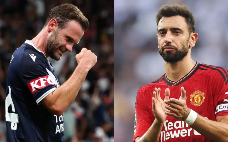 برونو فرنانديز وماجواير يحتفلان بهدف خوان ماتا الرائع من ركلة حرة